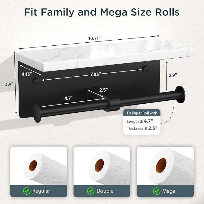 FORIOUS Double Marble Toilet Paper Holder with Phone Shelf, Mattle Black | Wall Mount 304 Stainless Steel Commercial Bathroom Tissue Roll Dispenser, Modern Heavy Duty Washroom Paper Storage