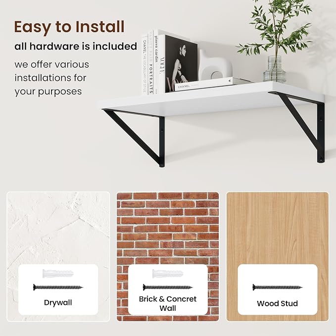 20 Inch Floating Shelves, 10 Inch Deep White Wall Shelves Set of 2 | 20'' x 10'' Rustic Wood Shelves with Heavy Duty Brackets, Deep Shelves for Bathroom, Living Room, Engineered Wood, 35LBS