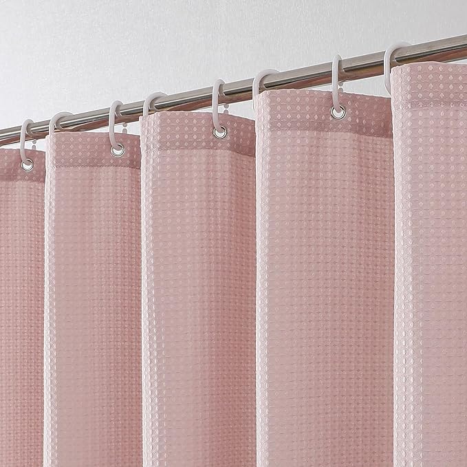 Extra Long Shower Curtain Set - 84 Inch Long Waffle Weave Heavy Duty Cloth Shower Curtain for Bathroom, Luxury Weighted 230GSM Bath Curtain Set with 12 Plastic Hooks, 72x84, Blush Pink