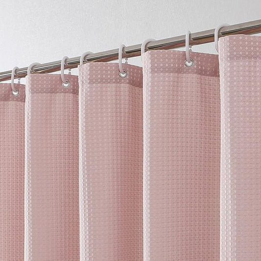 Extra Long Shower Curtain Set - 84 Inch Long Waffle Weave Heavy Duty Cloth Shower Curtain for Bathroom, Luxury Weighted 230GSM Bath Curtain Set with 12 Plastic Hooks, 72x84, Blush Pink