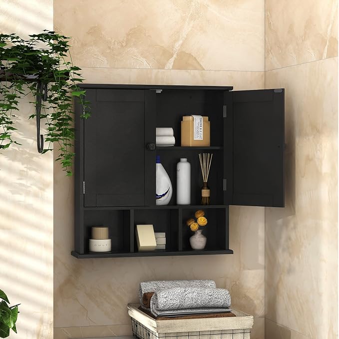 TaoHFE Black Medicine Cabinet Bathroom Over the Toilet Storage Cabinet | Wall Medicine Cabinet Organizer with 2 Door Adjustable Shelves, Wooden Modern Bathroom Shelves Wall Mounted Laundry Room
