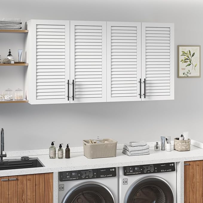60" Laundry Room Wall Cabinet with Shutter Style Doors, Wall Storage Cabinet with Adjustable Shelf, Bathroom Wall Cabinet, Upper Storage for Laundry Room, Bathroom, Kitchen, Garage, White