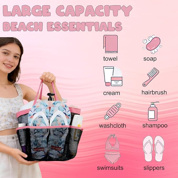 Mesh Shower Caddy Portable - 9 Pockets, Shower Bag for Dorm Room Camping | 2 Handle Quick Dry Shower Bag College Dorm Room Essentials Large Capacity Hanging Basket for Bathroom Travel Swimming Gym