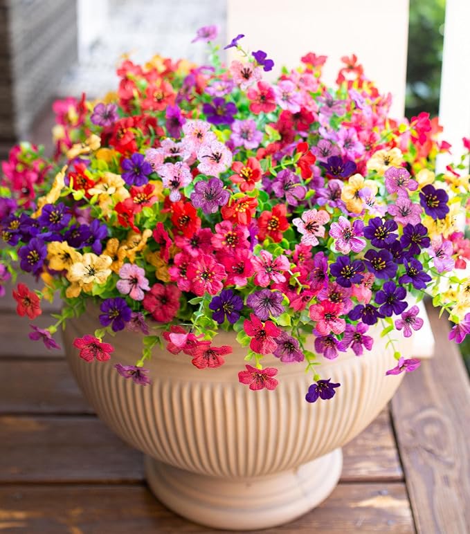 Artificial Flowers for Outdoor Indoor Garden Home Decoration, Faux Flower Daisy with Eucalyptus Leaves Fake Plants Greenery Boxwood Porch Patio, 12 Bundles (6 Multicolor)