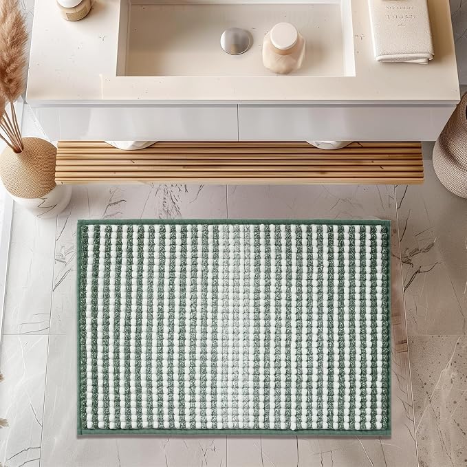FRESHMINT Chunky Ombre Chenille Bathroom Rug, Sage Green & White, 20"x32" | Water Absorbent, Soft Bath Rugs for Bathroom Floor, Thick Non Slip, Washable Quick Dry