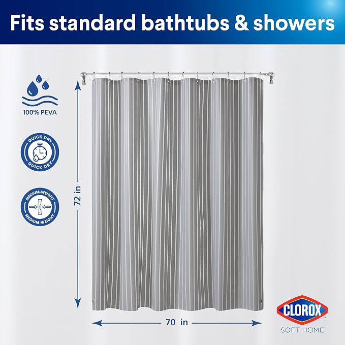 Clorox Shower Curtain Liner, Premium Striped Medium-Weight Durable Waterproof 6g PEVA for Bathroom with Weighted Magnets, Printed Standard Size 72" x 72", Grey