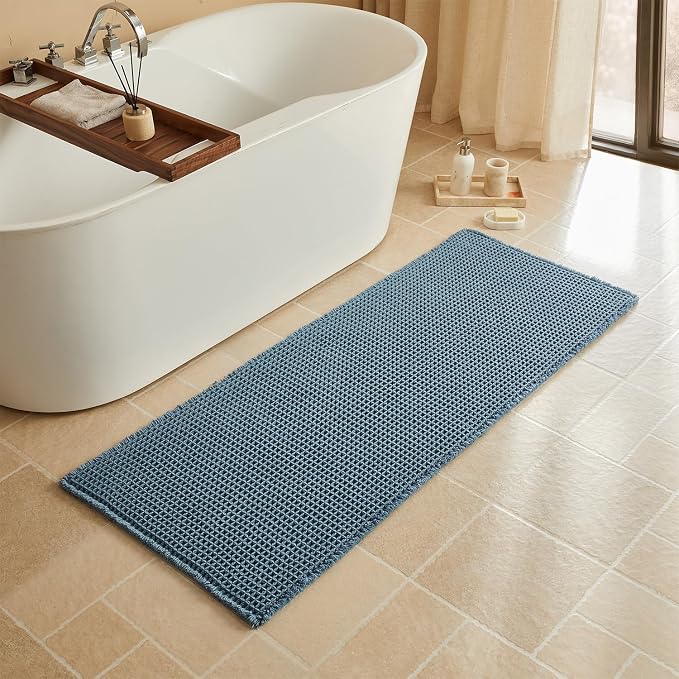 Triohero Waffle Runner Rug Bathroom, Long Boho Bath Mat, 24x60 Denim Blue | Super Absorbent Quick Dry Bath Rug, Non-Slip Backing, Soft Waffle Washable Farmhouse Bathroom Mats, Tub, Shower & Home Decor
