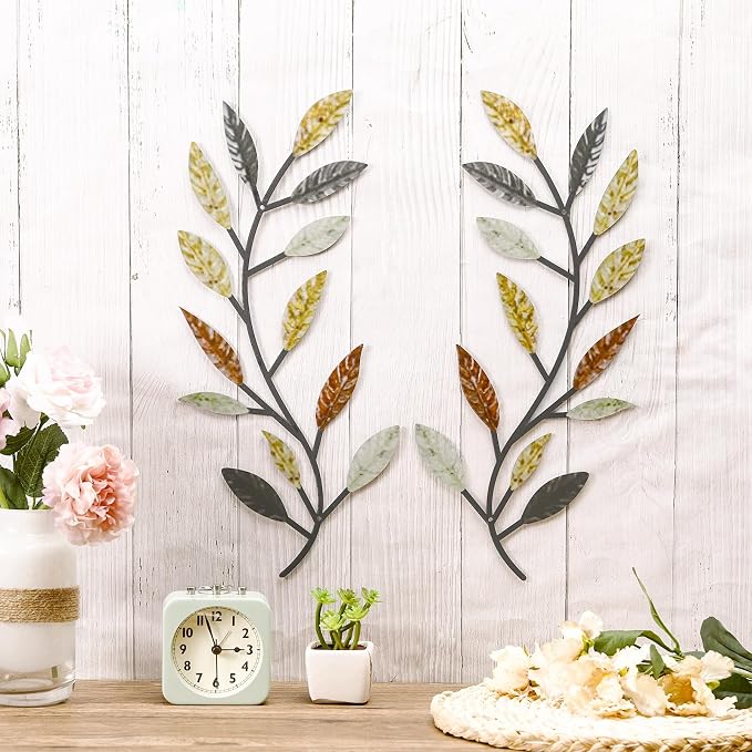 Zhengmy 2 Pcs Metal Leaf Wall Art Vine Branch Decor,Multi Color