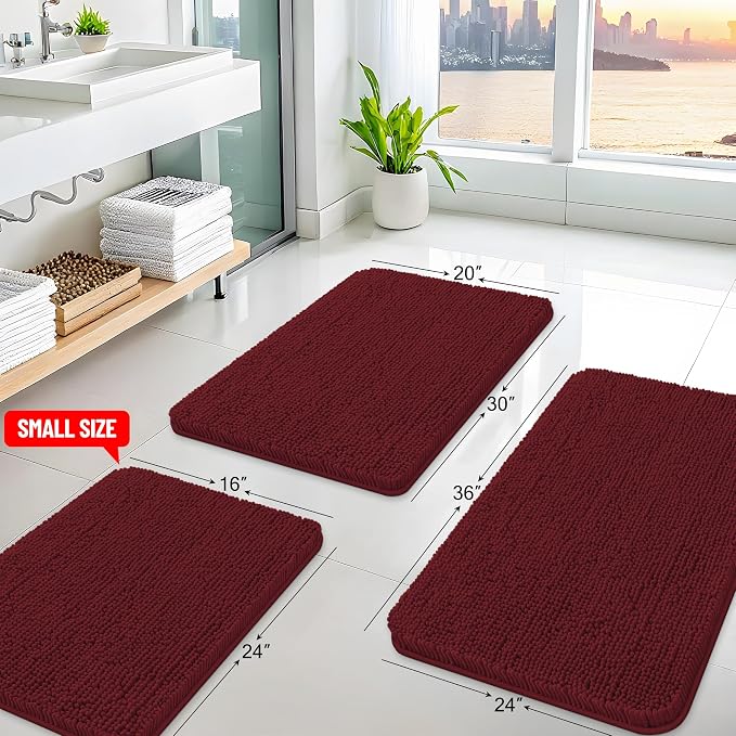 Arotive Bathroom Rugs 24x16, Soft Absorbent Shaggy Chenille Bath Rugs | Burgundy, Machine Washable Rubber Backing Bath Mats for Bathroom Floor Tub and Shower Home Decor Accessories