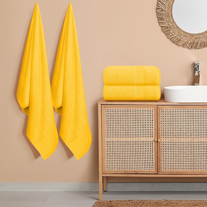 4 Pack Bath Towel Set 27x54, 100% Ring Spun Cotton, Ultra Soft Highly Absorbent Machine Washable Hotel Spa Quality Bath Towels for Bathroom, 4 Bath Towels - Yellow