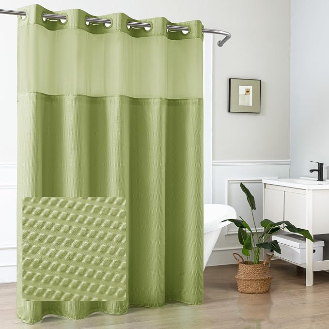 No Hook Shower Curtain with Snap-in Liner, Embossed Waffle Design Fabric Shower Curtain for Bathroom, Soft & Lightweight, 71x74, Sage Green