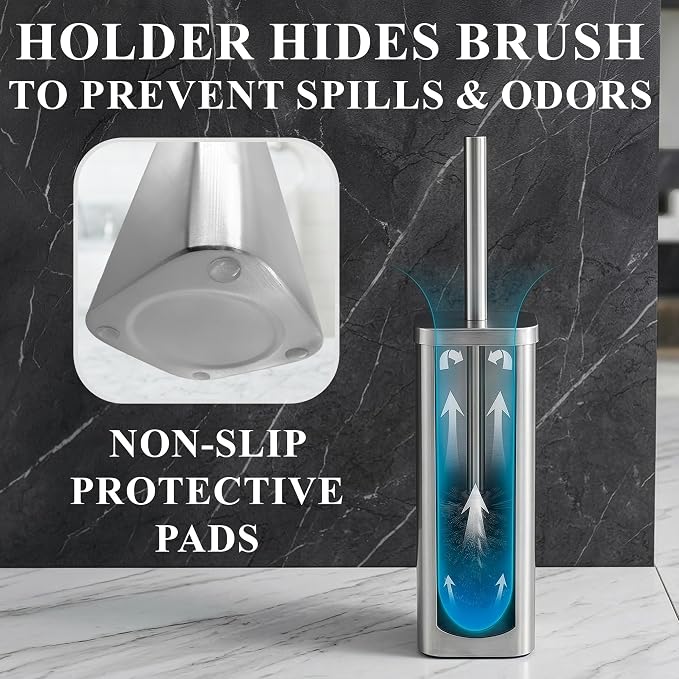 Stainless Steel Toilet Brush and Holder Set, Rounded Square (Silver) | Toilet Bowl Brush and Holder, Removable Inner Bowl, Dense Bristles, Long Handle, Hand Guard, Scratch Resistant, for Bathrooms