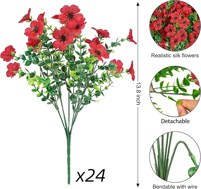 24 Pcs Artificial Flowers for Outdoors Decorations, Red | Lifelike silk flowers, UV resistant, faux plastic plants, for garden porch window table vase home indoor outdoor decor