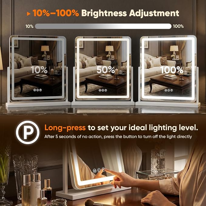 Antok Vanity Mirror with Lights, 33"X23" Lighted Makeup Mirror, Smart Touch, 3 Color Modes and Brightness Adjustable, LED Vanity Mirror with Detachable 10X Magnification, 360° Rotation for Makeup Desk