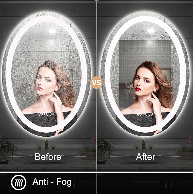 SMIROR 40 x 24 Oval LED Bathroom Mirror, Lighted Vanity Mirror for Wall, Anti-Fog, Shatter-Proof, Dimmable, Memory, 3 Colors (Front Lights + Backlit)
