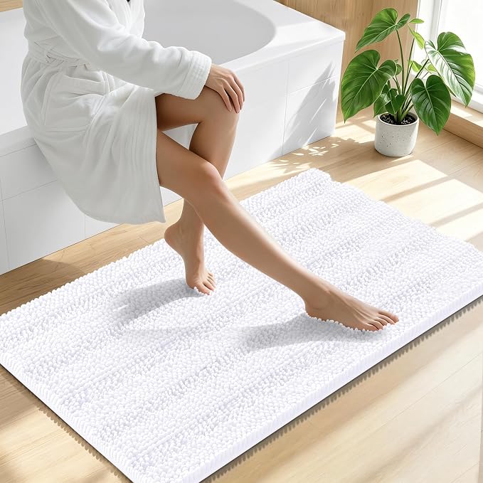 Smiry Thick Chenille Large Bathroom Runner Rugs 40x24, Soft Bath Mat, White | Quick‑Dry & Machine Washable, Non‑Slip Bath Carpet, Striped Bath Rugs for Tub & Shower, Modern Home Decor Accessories