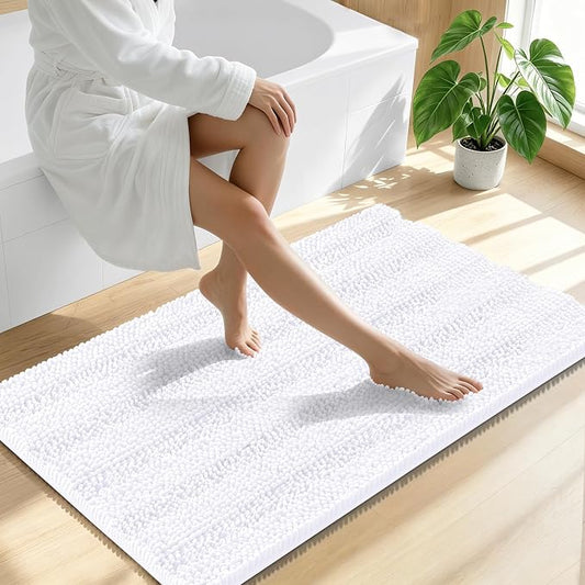 Smiry Thick Chenille Large Bathroom Runner Rugs 45x27, Soft Bath Mat, White | Quick‑Dry & Machine Washable, Non‑Slip Bath Carpet, Striped Bath Rugs for Tub & Shower, Modern Home Decor Accessories