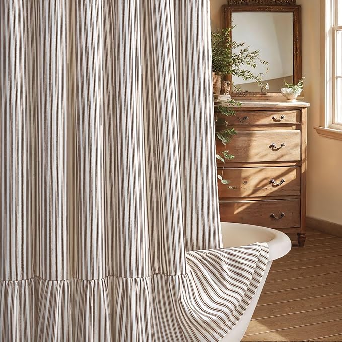 Farmhouse Shower Curtain Ruffle Linen Cream-Brown Stripe 72"W x 72"L | Farmhouse Boho, Striped, Bottom Ruffle, Linen Fabric, Rustic, Country, Natural Look, Washable, for Bathroom Bathtub
