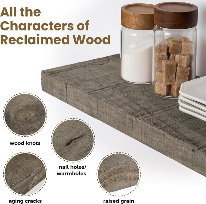 Floating Shelves for Wall,18 Inch Reclaimed Barnwood Planks Set of 2,8 Inch Deep Rustic Solid Wood Wall Shelves for Storage,Wood Wall Mount Shelf with Invisible Heavy-Duty Metal Bracket,Grey