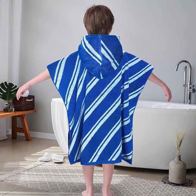 VOOVA & MOVAS Kids Hooded Poncho Towel, 4-8 Years, 100% Cotton,Blue Stripe | 27.5"x27.5" Size, Jacquard Stripe Craft, Soft, Absorbent & Quick Dry, for Bathroom, Pool, Beach and Swimming