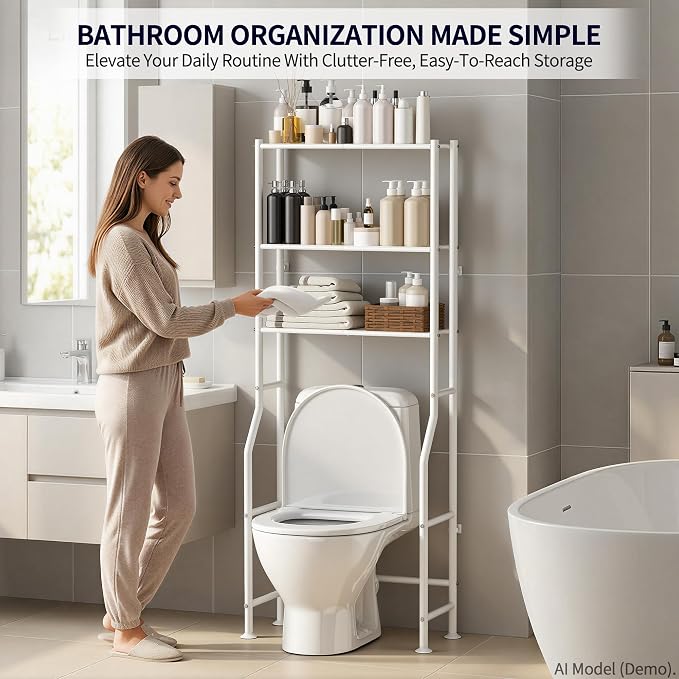 3-Tier Over The Toilet Storage, Freestanding Metal Bathroom Shelves, Space Saver Above The Over Toilet Storage Shelf for Bathroom (White)