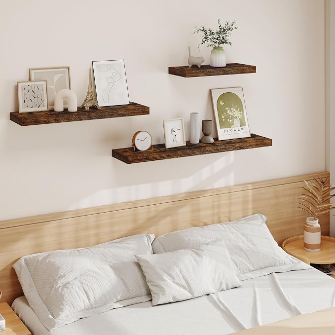 Vivelove Floating Shelves 9 inch Deep 55”Long Set of 2, Rustic Brown | Easy Install With Hardware, 1.5" Thick, Invisible Brackets, Wall Mounted, No Sagging, For Any Room