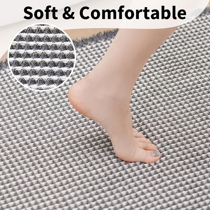Waffle Bath Mat, Boho Bathroom Rugs Non Slip Washable, 20" x 48" | Super Absorbent Quick Dry Bath Mat, Boho Bathroom Mats, Soft Waffle Weave Farmhouse Bathroom Decor, Dark Grey and White