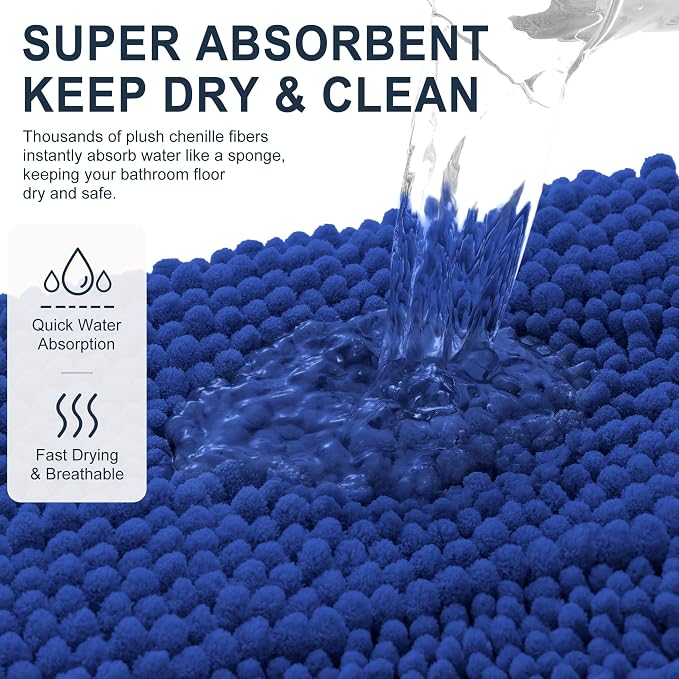 Smiry Thick Chenille Bathroom Runner Rugs 44x24, Soft Bath Mat, Royal Blue | Quick‑Dry & Machine Washable, Non‑Slip Bath Carpet, Striped Bath Rugs for Tub & Shower, Modern Home Decor Accessories