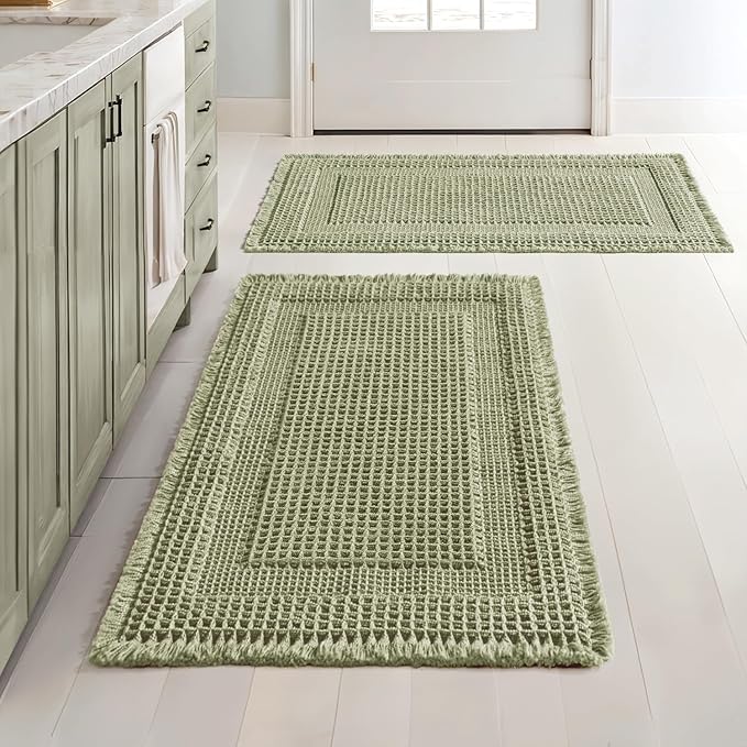 MIULEE Set of 2 Waffle Bathroom Rugs Sage Green Boho Bath Mat 18x30 in | Looped Design, Super Absorbent, Non Slip, Washable, Ultra Soft, Rubber Backed, Bathroom Mats for Floor Tub Shower