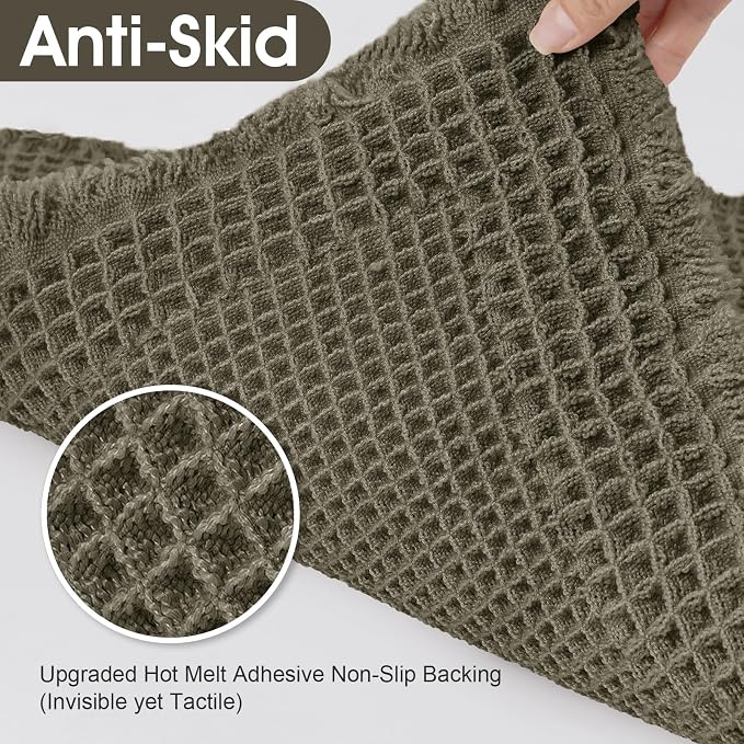 Upgraded Waffle Bath Mat Set 2 Piece Greyish Green-Bordered, Super Absorbent Non-Slip Quick Dry Bathroom Rugs with Tassels, Machine Washable Ultra Soft Boho Bath Rugs, Toilet Mats Boho Farmhouse Decor