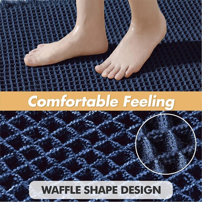 MIULEE Set of 2 Waffle Bathroom Rugs Boho Bath Mat Navy Blue 20x32 Inch | Non Slip, Super Absorbent, Washable, Ultra Soft, Rubber Backed Bath Rugs for Bathroom Floor Tub Shower