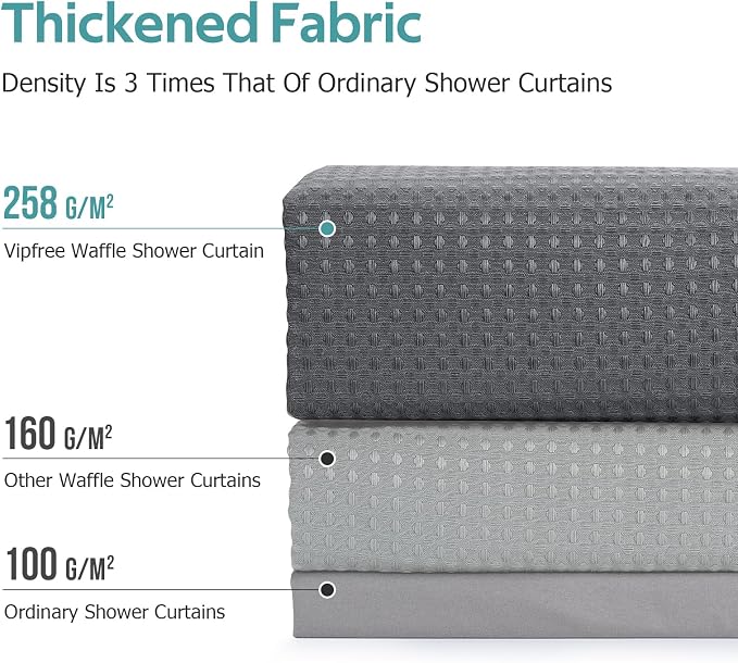 3 in 1 Shower Curtain Set, Waffle Shower Curtain and Liner Set with 12 Double Sided Shower Curtain Hooks, 258GSM Luxury Weighted Cloth Shower Curtains for Bathroom,72 W x 72 H,Graphite Gray