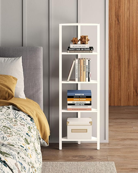TUTOTAK Corner Shelf, 5-Tier Corner Bookshelf for Small Space | Narrow Display Corner Shelf Stand with Storage Rack, for Living Room, Bedroom, White BS05BW005