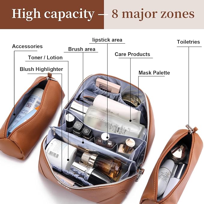 BOYATU Travel Makeup Bag Cosmetic Bags for Women: 3-Piece Makeup Bag Set | | Up to 20 3.4-oz Bottles | 180° Open-Flat Toiletry Organizer for Travel Essentials | Gift-Ready | (C-1-Brown)