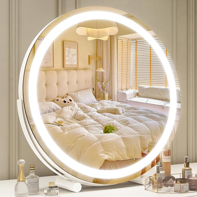 ROLOVE 18 Inch Makeup Mirror with Lights, Large Round Vanity Mirror for Tabletop Desk, Smart Touch Dimmable LED, 360° Rotation, White, Gifts for Women, Wife, Mom, Girls
