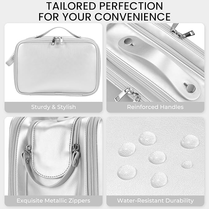 HauteHues Travel Makeup Bag Women's Large Capacity Cosmetic Portable Organizer Large Opening Waterproof Storage Toiletry Bags Vertical Free-Standing Brush Holder for Easy Access Silver