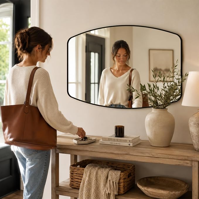 Matte Black Curved Rectangle Bathroom Mirror, 24x36 Inch | Aluminum alloy frame, tempered glass, two-way keyhole mount, for bedroom, entryway, hallway
