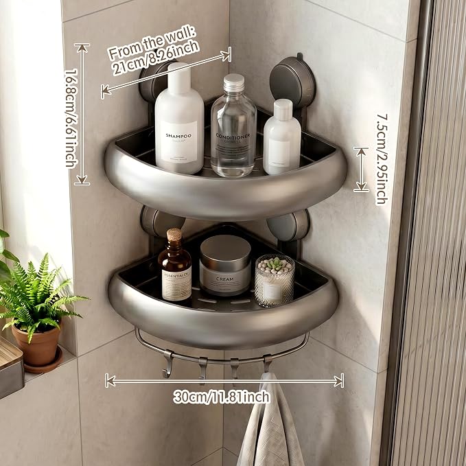 Shower Caddy Suction Cup（2-Pack Gray）, No-Drilling Corner Bathroom Organizer,Rust Proof Shower Shelf for Inside Shower with Removable Hooks & Towel Bar