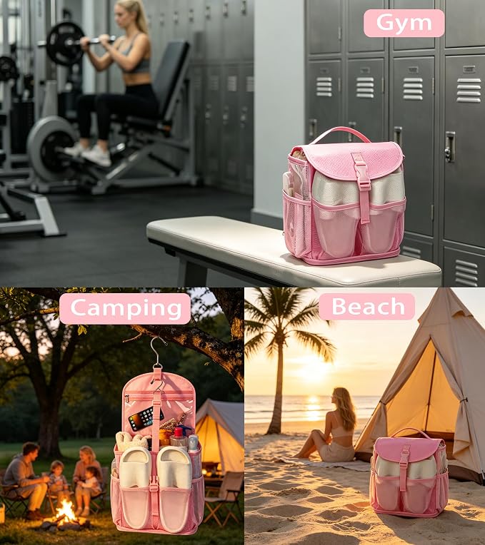 Ethereal Pink Hanging Mesh Shower Caddy Portable for College Dorm Room Essentials, Large Capacity Shower Bag for Guys/Girls, for Beach, Swimming, Gym