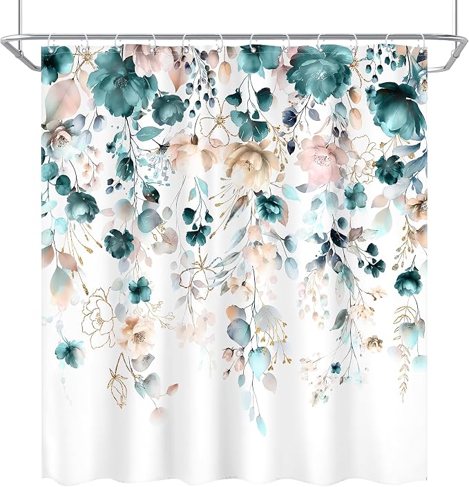 Floral Teal Green Eucalyptus Leaf Rustic Bathroom Shower Curtain Set | 72"W x 72"L Flower Watercolor style, clear shower print, fast-dry fabric and hooks for a simple bath update.