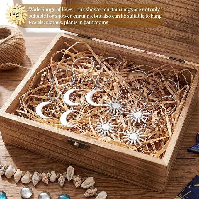 12 Pcs Sun Moon Celestial Shower Curtain Hooks Boho Theme Bathroom Decor Mystic Fantasy Goth Curtain Hooks Rings Vintage Bathroom Decoration(Boho,Silver)
