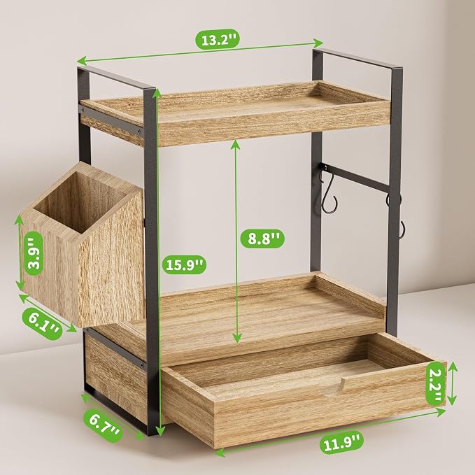2-Tier Bathroom Counter Organizer, Wooden Vanity Shelf with Drawer & Basket | Pre-Drilled Holes, Skincare & Makeup Countertop Organizer and storage
