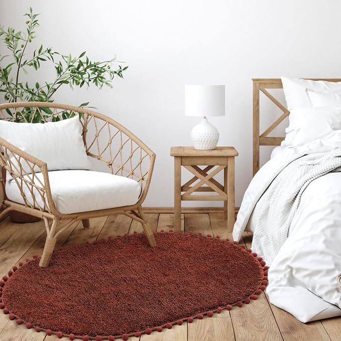 YIRDDEO Oval Rug for Bathroom, Boho Bath Mat with Pom, Terracotta, 36"x24" | Soft Plush, Absorbent, Quick Dry, Machine Washable, Non Slip Bath Mat for Bathroom Shower Floor Home Decor
