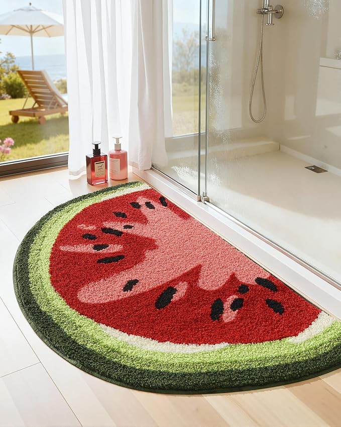DEXI Cute Watermelon Bath Mat, Half Round Fruit Bathroom Rugs 43x24 | Soft and Absorbent Microfiber, Non Slip, Machine Washable Bathmat for Shower Floor, Bedroom, Kids Room, Home Decor