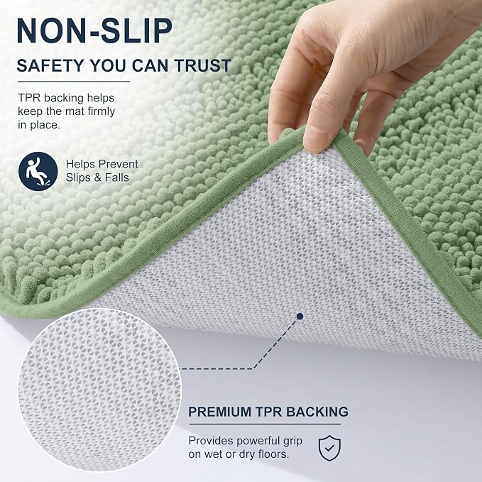 Smiry Thick Chenille Bathroom Runner Rugs 44x24, Soft Bath Mat, Sage Green | Quick‑Dry & Machine Washable, Non‑Slip Bath Carpet, Striped Bath Rugs for Tub & Shower, Modern Home Decor Accessories