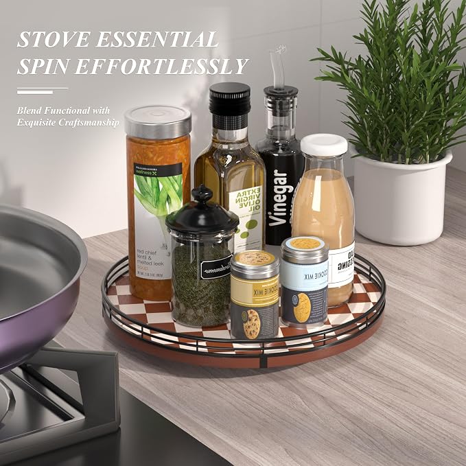 AMH 12-Inch Brown Checkerboard Lazy Susan with Black Metal Rail | Smooth rotating oak tray with walnut finish for dining tables, kitchen counters, pantries and cabinet storage.