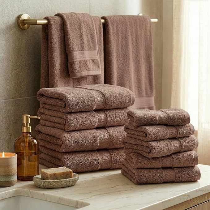 SUPERIOR Egyptian Cotton Ultra Plush & Absorbent, 12 Piece Set, Chocolate | Heavyweight 12 Pc Egyptian Cotton Towel Set Includes 4 Bath Towels 4 Hand Towels 4 Washcloths Decorative Rope Border