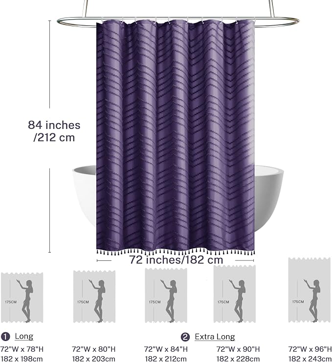 Siiluminisoy Extra Long Boho Shower Curtain, Woven Fabric 84 in Dark Purple, 72 x 84, Tufted Chevron Striped Modern Chic Textured Minimalist Bathroom Shower Curtain