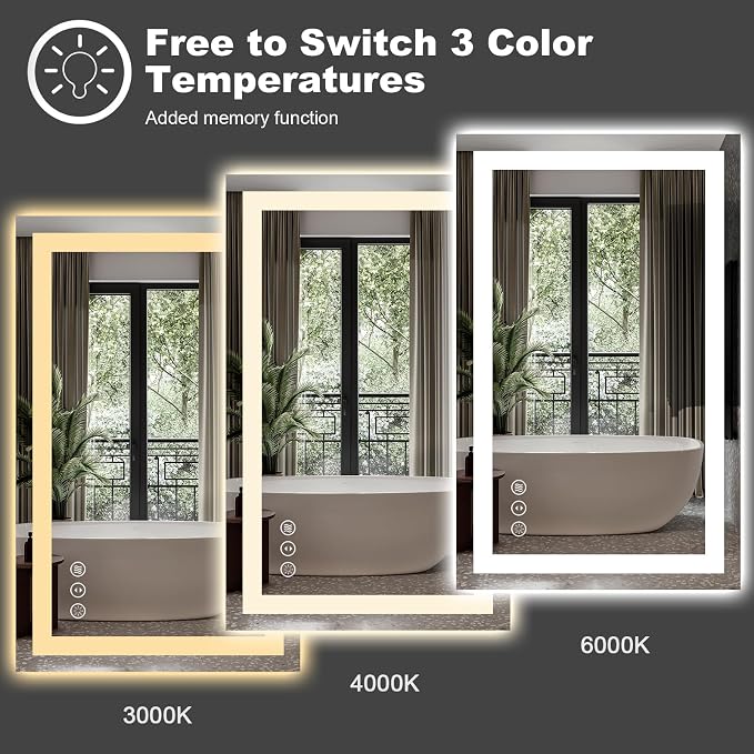 24"X32" LED Bathroom Mirror with Lights, Front Lit and Backlight | Stepless Dimmable, Anti-Fog, Shatter-Proof, HD Reflection, Memory, 3 Colors Lighting, UL Listed (Horizontal/Vertical).