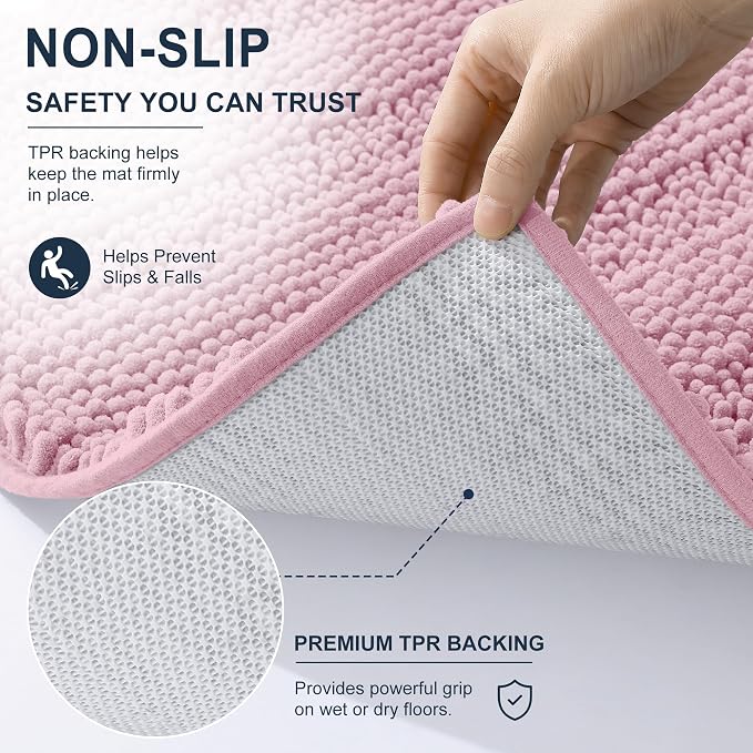 Smiry Thick Small Chenille Bathroom Rugs 24x16, Soft Bath Mat, Dusty Rose | Quick‑Dry & Machine Washable, Non‑Slip Bath Carpet, Striped Bath Rugs for Tub & Shower, Modern Home Decor Accessories